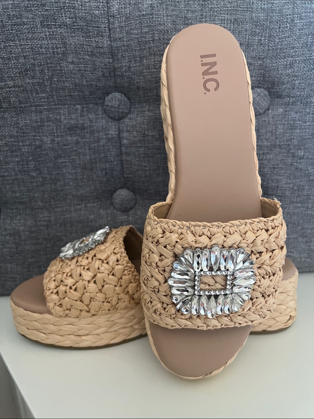 INC International Concepts Beige Woven Platform Slide Sandals